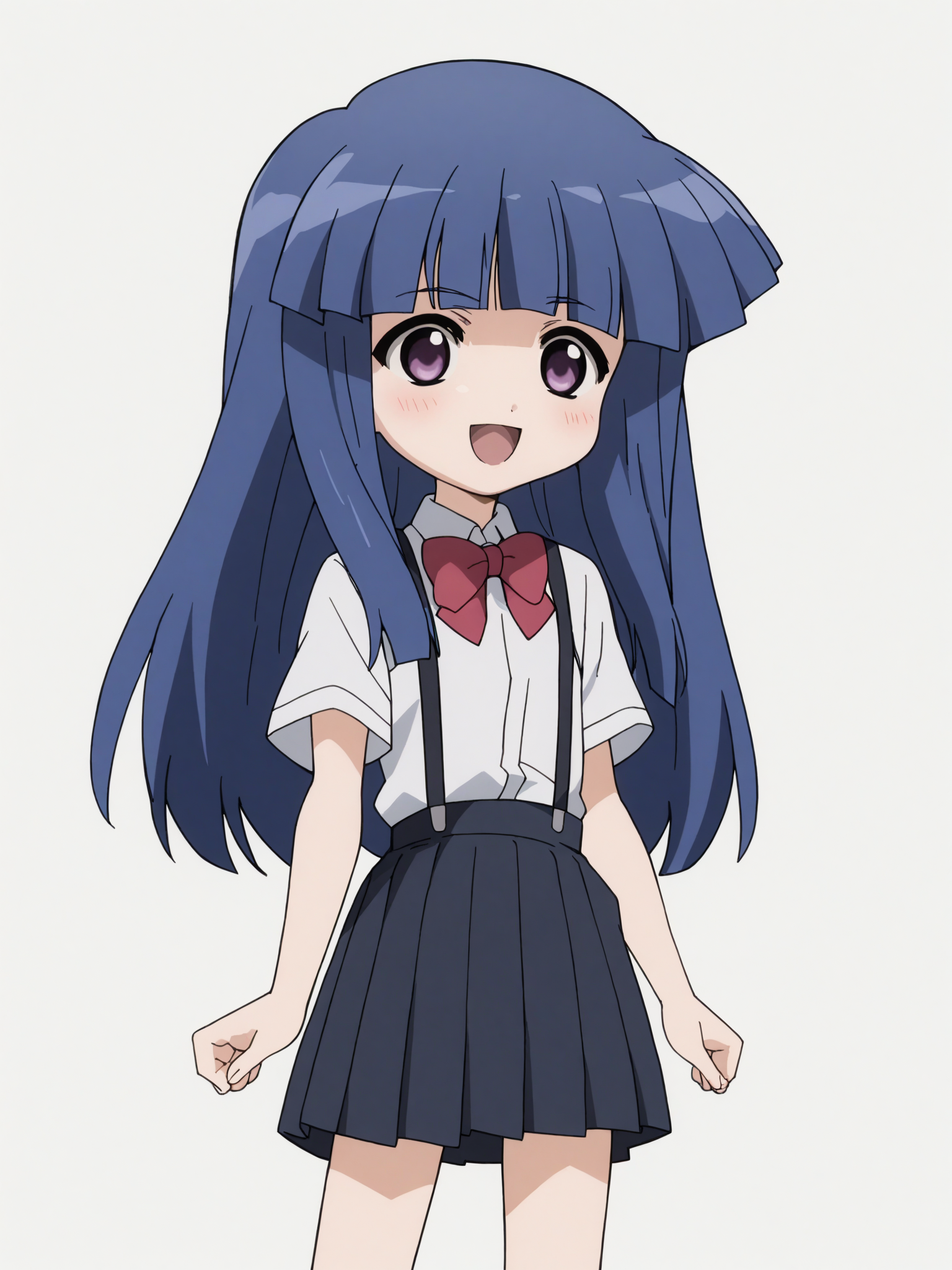 Ugly score_9, score_8_up, score_7_up, score_6_up, source_anime, anime screencap, anime coloring, <lora:0r0P00W0n0j0O0kqLPony_LoRA_V1>, 1girl, solo, furude rika, (tween:1.2), kawaii, blue hair, purple eyes, long hair, blunt bangs, bangs, simple background, white background, bow, skirt, shirt, suspenders, smile, short sleeves, pleated skirt, white shirt, open mouth, :d, red bow, facing viewer, ^_^, suspender skirt, school uniform, black skirt, collared shirt, blush, bowtie, blunt bangs, dress shirt