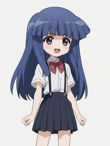 Ugly score_9, score_8_up, score_7_up, score_6_up, source_anime, anime screencap, anime coloring, <lora:0r0P00W0n0j0O0kqLPony_LoRA_V1>, 1girl, solo, furude rika, (tween:1.2), kawaii, blue hair, purple eyes, long hair, blunt bangs, bangs, simple background, white background, bow, skirt, shirt, suspenders, smile, short sleeves, pleated skirt, white shirt, open mouth, :d, red bow, facing viewer, ^_^, suspender skirt, school uniform, black skirt, collared shirt, blush, bowtie, blunt bangs, dress shirt