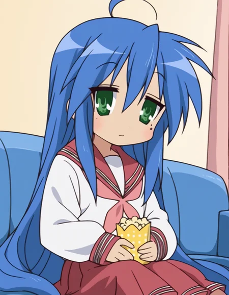 score_9, score_8_up, score_7_up, source_anime, <lora:konata-izumi-s1-ponyxl-lora-nochekaiser:1>, konata izumi, long hair, very long hair, green eyes, blue hair, ahoge, mole, mole under eye,, skirt, long sleeves, school uniform, pleated skirt, serafuku, sailor collar, neckerchief, red skirt, ryouou school uniform,, living room, television, couch, popcorn, watching movie, night time, sitting,, , hand on stomach, blush,, looking at viewer, solo,, dutch angle, cowboy shot