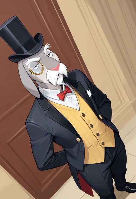 masterpiece, best quality, amazing quality, very aesthetic, absurdres, newest, high quality, detailed, male, solo male, MrHerriman, 1boy, mature male, male, chubby, anthro, rabbit, grey fur, floppy ears, black eyes, mustache, bushy eyebrows, facial hair, tuxedo jacket, yellow vest, bow tie, top hat, monocle, formal, looking at viewer, half lidded eyes, stern expression, indoors, office, half body, volumetric lighting, standing, high angle, dynamic angle, black pants