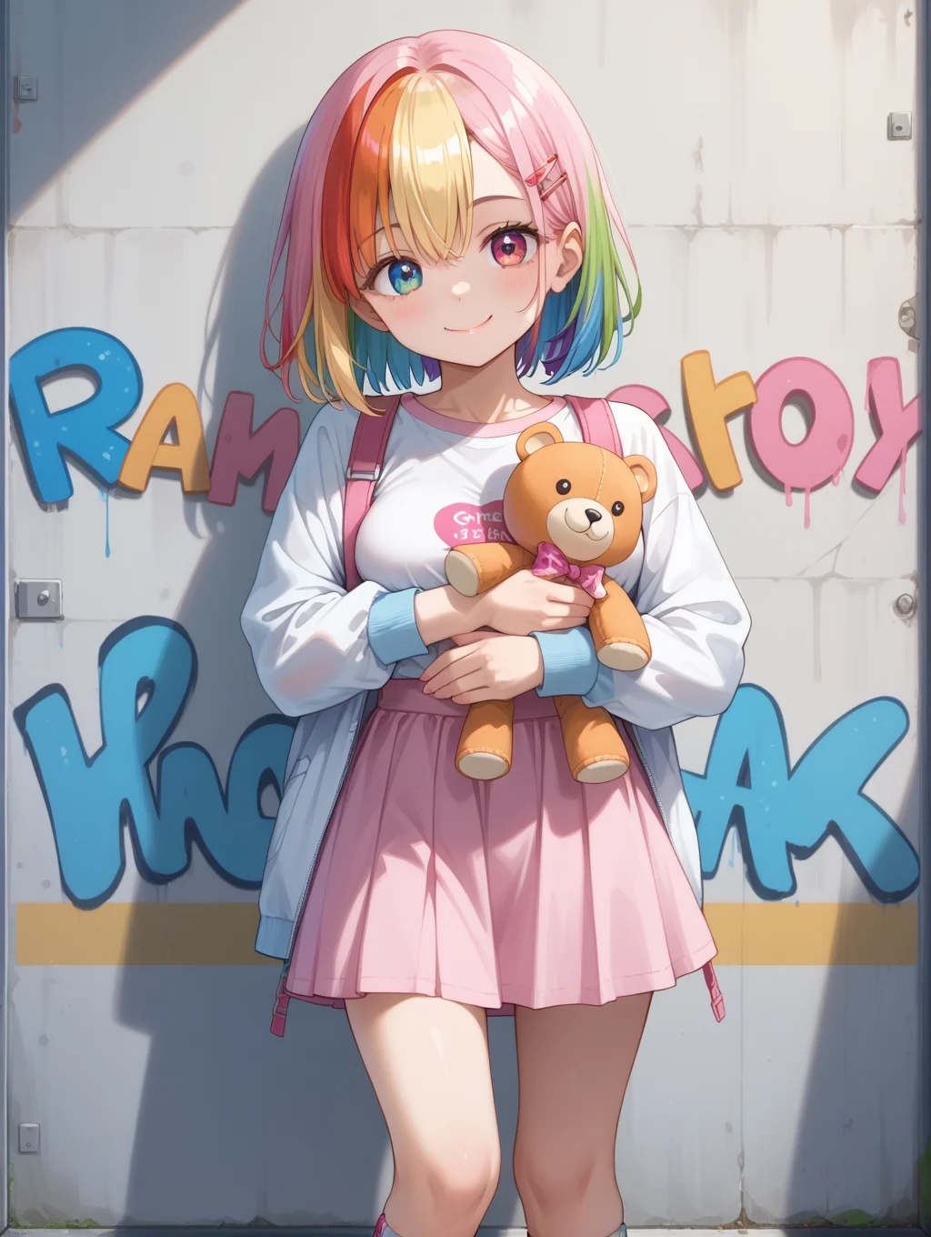 score_9, score_8_up, score_7_up,
masterpiece, best quality,
1girl, solo, Harajuku-style Decora pank fashion, girl with layered colorful clothing, multiple hair clips, knee-high socks with different patterns, carrying a plushie, standing in front of a graffiti wall, happy smile, laugh, closed mouth, standing, cowboy shot, looking at viewer, city, shibuya, depth of field, ultra detailed background, medium large breasts, (random color hair, multicolored hair:1.2), rainbow color eyes, bob with bangs, hair between eyes