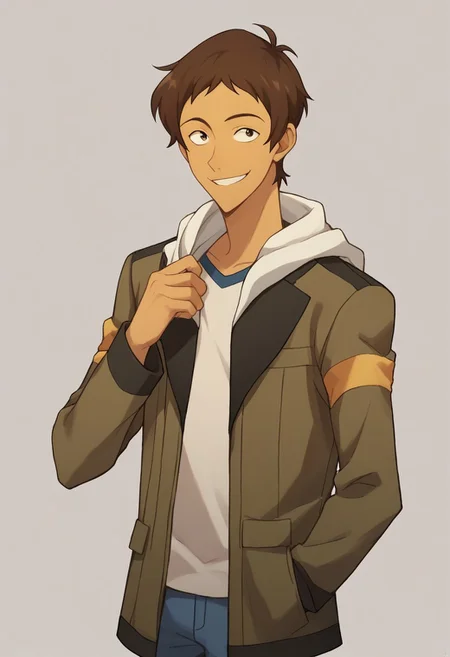 score_9, score_8_up, score_7_up, source_anime, highly detailed, 
lance, 1boy, solo, male focus, brown hair, short hair, dark skin, jacket, dark-skinned male, pants, hood, smile, upper body, denim, hoodie,