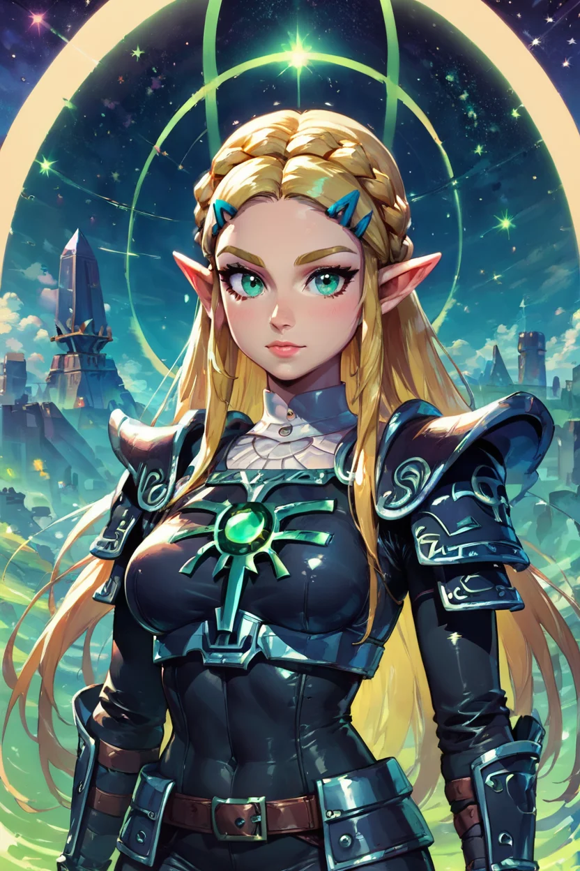 score_9, score_8_up, score_8, medium breasts, (Necron:1.4), black armor, weapon, armor, princess zelda, long hair, crown braid, pointy ears, black pants, tight pants, green eyes, solo, looking at viewer, upper body, starry sky, space, <lora:NecronWorldP1:1>, <lora:Vivid:0.8>, embedding:zPDXL,
