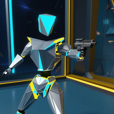 Cinematic movie film still , crystal armor, vatoko, standing, full body, blue background, humanoid robot, grey body, robot, yellow light sharp details, the expanse scifi stars outside a space ship window, (aiming down the sights of a plasma rifle) , intricate, highly detailed, , rich color, , sharp focus, illustration, Unreal Engine 5, 8K.