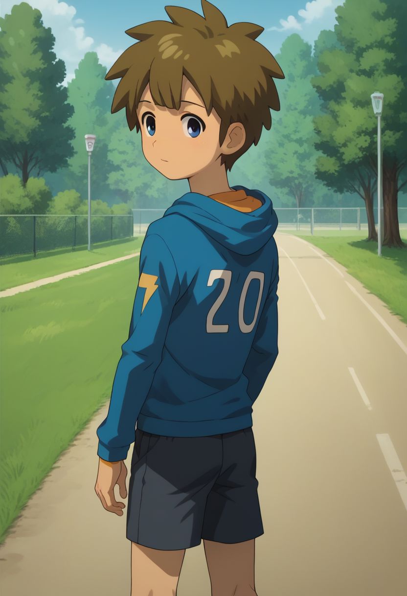 score_9, score_8_up, score_7_up, source_anime, highly detailed, slender, skinny, cute,
darren, 1boy, male focus, solo, brown hair, blue eyes, hoodie, short pants,
outdoor, from back,