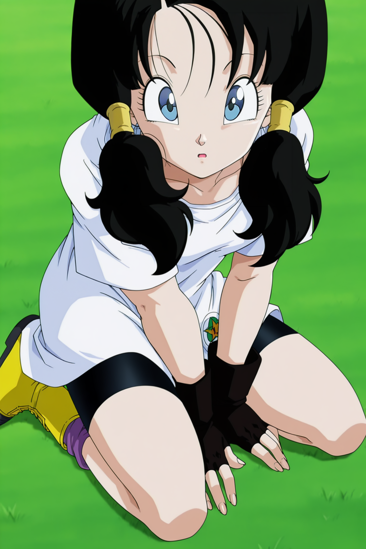 anime screencap, absurdres, high quality, official style,
videl, costume 1, official style, 1girl, solo, black hair, twintails, long hair, hair tubes, raised eyebrows, blue eyes, eyelashes, white long shirt, short sleeves, black gloves, fingerless gloves, bike shorts, loose socks, purple legwear, ankle boots, multi tone footwear, yellow footwear, outdoors, grass, blurred background, hand on floor, open mouth, confused, looking at viewer, from above, kneeling, fingernails, sitting
 <lora:Videl:0.8>