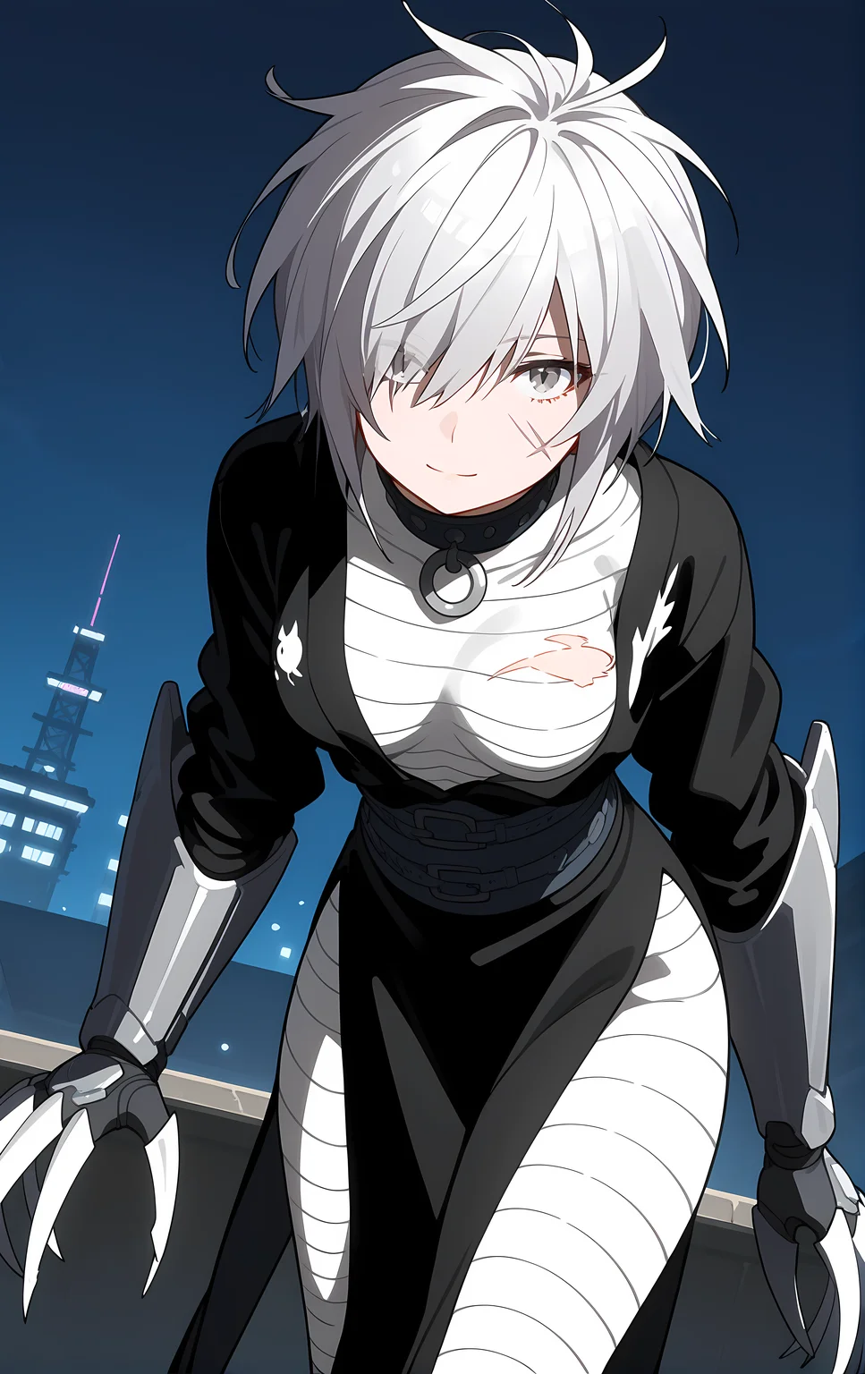 (score_9, score_8_up, score_7_up), standing, leaning forward, looking at viewer, light smile, closed mouth, shiny skin, tight clothes,
ohwx, 1girl, solo, solo_focus, breasts, medium_breasts, hair_over_one_eye, short_hair, white_hair, grey_hair, grey_eyes,
bandages, claw_\(weapon\), claws, torn_clothes, japanese_clothes, choker, sarashi, belt, scar, sash, boots, gauntlets, spikes, long_sleeves,
rooftop, post-apocalypse, dusk,
cowboy shot, dutch angle, close-up,
<lora:haihane_pony_ss:1>