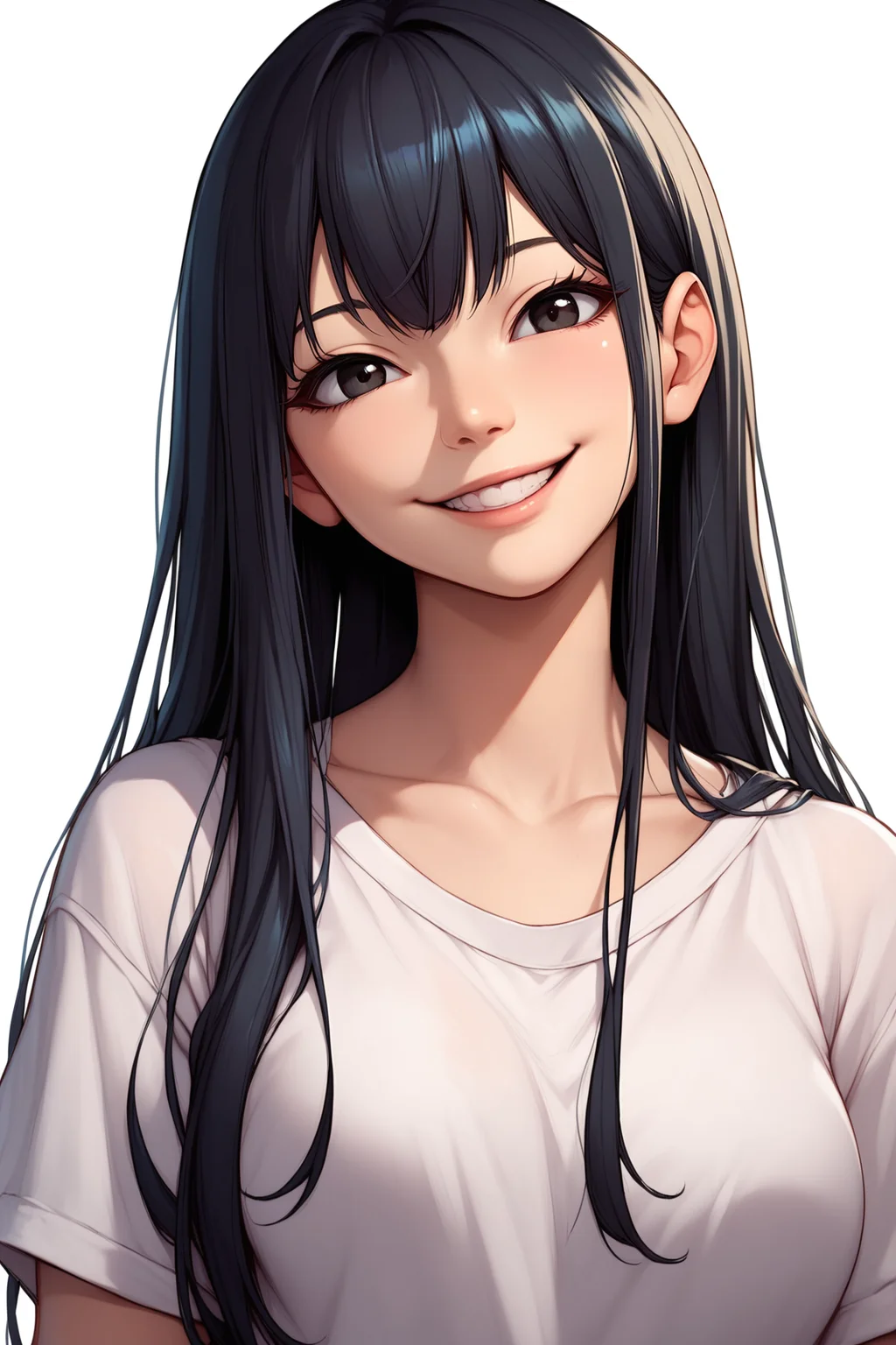score_9, score_8_up, score_7_up, score_6_up, BREAK, 1girl, black hair, long hair, bangs, black eyes, upper body, white shirt, head tilt, smile, looking at viewer, white background, simple background <lora:KatsukaSamaStylePXL:1>
