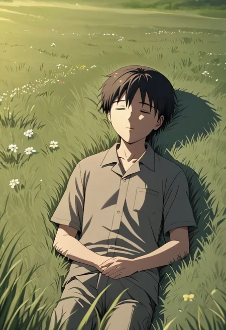 high resolution, solo, best quality, 1Boy, Takaki Toono, Brownish Hair, Brown Eyes, sleep, nap, grass, meadow hills, wind breeze, OverallDetail