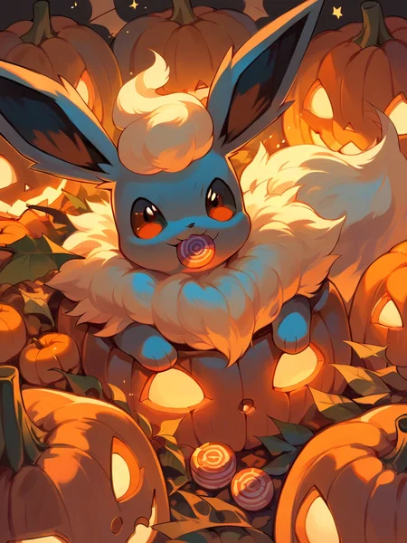 score_9, score_8_up, score_7_up, score_6_up, score_5_up,   <lora:halloweenpokemonXLP:1> halloween pokemon, no humans, jack-o'-lantern, (flareon:1), candy,