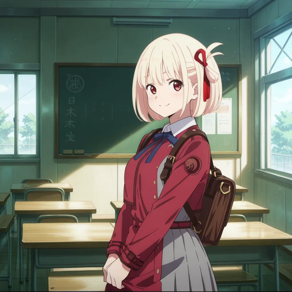 nsfw, masterpiece,best quality,amazing quality,1girl, solo,lycoris_recoil_chisato_nishikigi, standing, lycoris uniform, smile, blonde hair, ribbon, red ribbon, hair ribbon, short hair,red eyes, bangs, blue ribbon, dress, neck ribbon, backpack, two-tone dress, red dress, bob cut, grey dress, shirt, white shirt, school uniform, collared shirt,looking at viewer, indoor, school, classroom, day, <lora:Chisato_Nishikigi_-_Lycoris_Recoil:0.7>