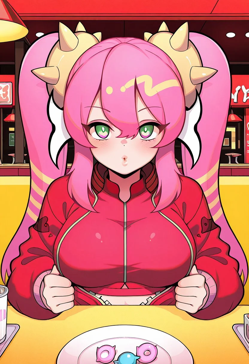 1girl, LiveTwinKi-sikilYu-Gi-Oh, general, solo, pov dating, straight-on, long hair, pink hair, twintails, large breasts, spike, red jacket, open jacket, crop top, dating, sitting, looking at viewer, restaurant, table, candy on plate, masterpiece, best quality, amazing quality, lips ((( blowing pink bubblegum ))),<lora:kp_LiveTwinKi-sikilLil-laYu-Gi-OhIllustrious_v1_0:1.0>