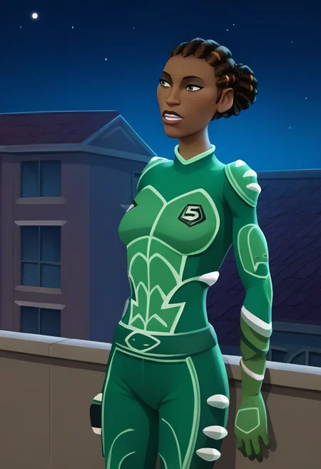 score_9, score_8_up, score_7_up,score_6_up, source_realistic, roof, night, ultra detailed, high quality, rating_safe, 
BREAK
agura ibaden, dark skin, green bodysuit, dreadlocks, hair_bun,  <lora:agura:1>