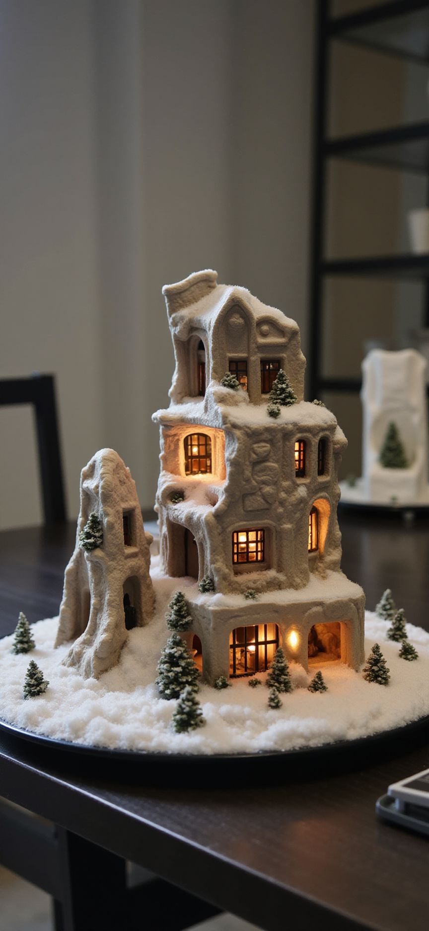 ( study,indoor,tilt-shift lens:1.8), (miniature,diorama,die-cast,PVC,plastic:2) of (stasis _chamber:1.5), gradation,(sunset,winter:1.3),  (apartment complex:2) (in wide  plates:1.3) (on  table:1.3) <lora:JJsApartment_Flux:0.7>
