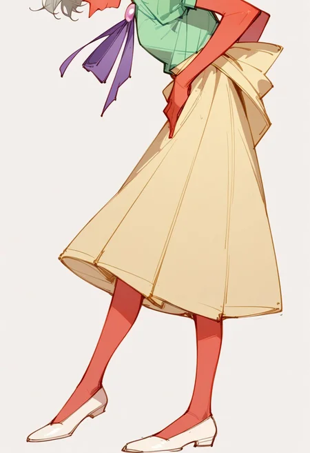 ng_deepnegative_v1_64t, score_9, score_8_up, score_7_up, zPDXL2, detailed background, concept art, source_anime, bountiful flowers in background, solo,1 girl, red skin, gray hair, short hair, puffy hair, light green shirt, lavender gem on forehead, long nose, purple ribbon around neck, yellow skirt, tall, long legs, pink mary janes, lifting dress up, close up, joyful, from side