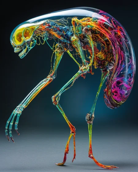 focus on alien non-anthropomorphic bioengineered creature, transparency:1.4, (detailed cybernetic implants fused with organic matter:0.5), full body, (with intensely vibrant swirling colors:1.9), realistic photo, <lora:add-detail-xl:1.0> , <lora:artialien:1> artialien