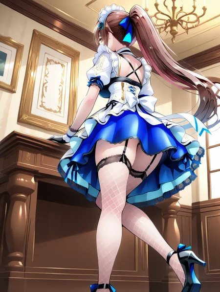 perfect quality,best quality,absolutely eye-catching,ambient occlusion,raytracing BREAK
1girl,<lora:reimi meido IL v1.2:1>,meido,brown hair,ponytail,maid headdress,ribbon,maid,lace trim,garter straps,white fishnet thighhighs,puffy short sleeves,black gloves,high heels,indoors,blue skirt,solo,white corset,white sleeves,, from behind, looking away,medium_shot,leaning_back,occlusion,arm_around_waist,gravure_pose,