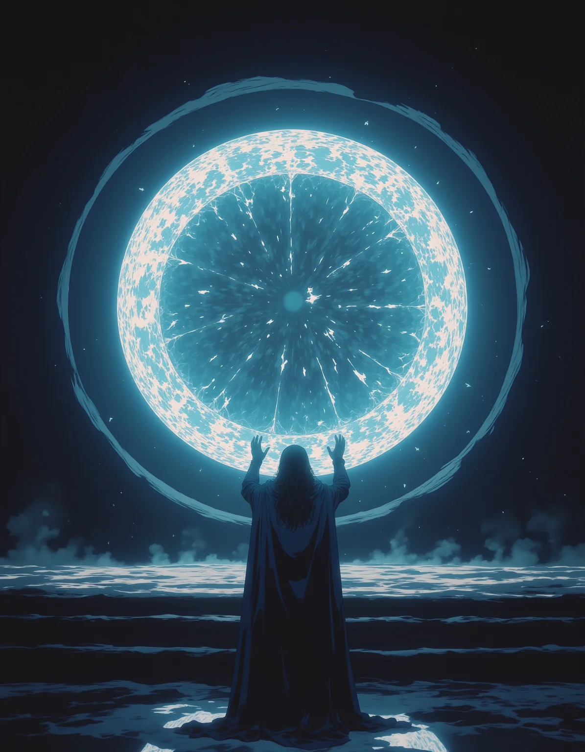 A male mage with a long beard stands before a massive, glowing portal in the center of a dark, underground chamber. The portalâs surface ripples like water, and strange, otherworldly symbols float around its edges. He raises his hands, preparing to step through and into the unknown.,
<lora:NeonFantasyFLUX:0.8> ne0nfant4sy,