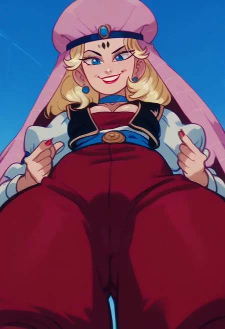 score_9, score_8_up, score_7_up,  source_cartoon, cel shading, fca style, 1girl, solo, DBExtraGirl05HaskyALT, blonde hair, long hair, blue eyes, forehead mark, lipstick, red nails, breasts, veil, pink headwear, blue choker, black vest, open vest, red jumpsuit, cleavage, puffy long sleeves, white sleeves, blue sash,
From below, ass view, smile, looking at viewer, cameltoe,  full figure
