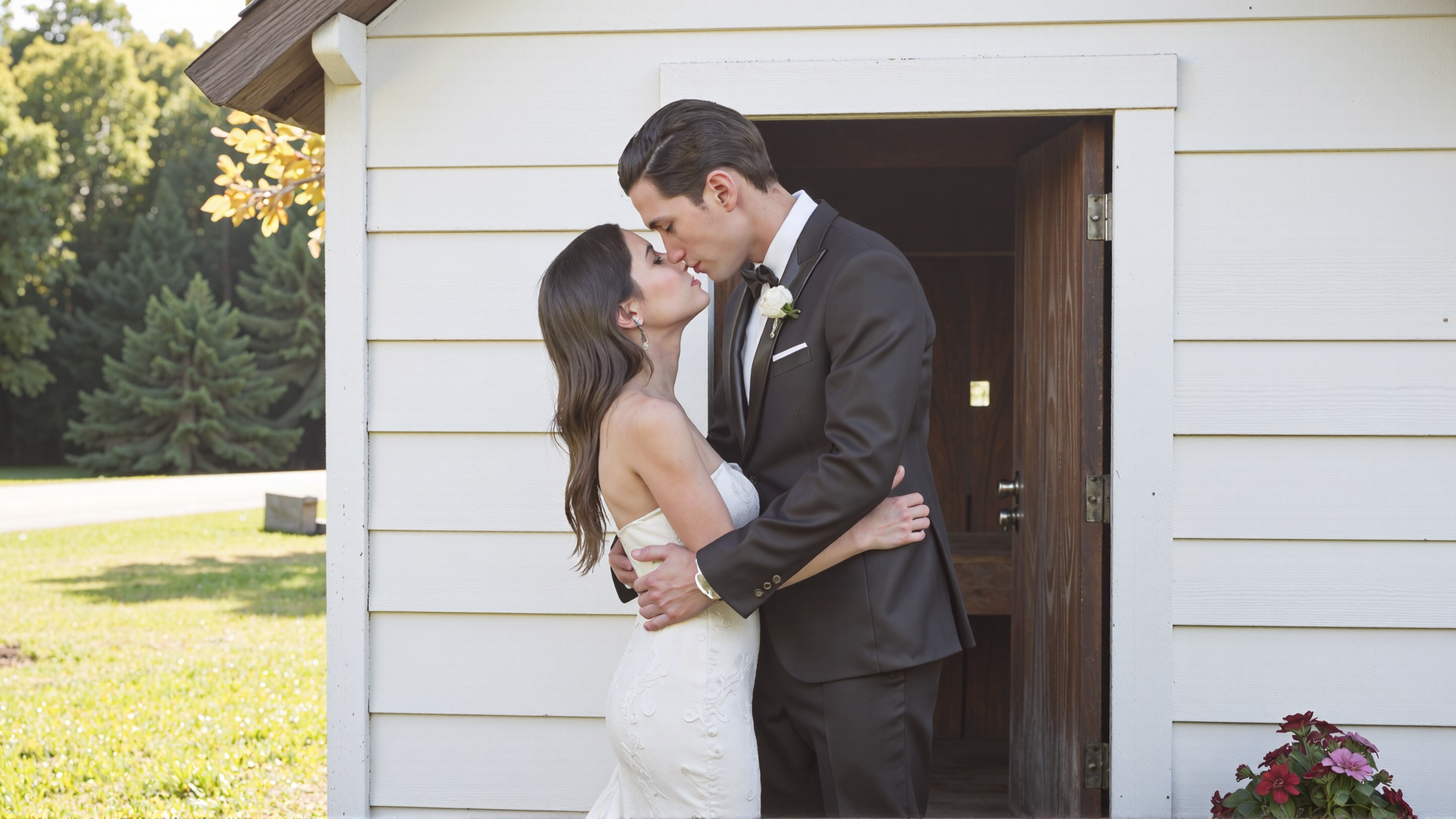 Candid photography of a couple embracing and kissing in front of a charming country chapel. The bride is wearing a stunning white wedding dress with intricate lace details, and the groom is dressed in a classic black tuxedo. They are standing in front of the small, wooden chapel on a sunny day. The bride's arms are wrapped around the groom, and his hands are gently placed on her waist. The soft sunlight illuminates the scene, creating a romantic and joyful atmosphere. The chapel and nature surrounding them add to the peaceful and loving moment. <lora:Sherry-00:1><lora:SelestaFlux1:1>