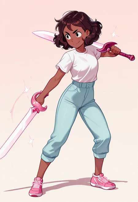masterpiece, best quality, very aesthetic, absurdres, 1 girl, solo, Connie_Maheswaran, dark-skinned, short hair, wavy hair, brown hair, black eyes, jean-short, white t-shirt, pink sneakers, smile, Single-edged sword, action pose,
<lora:Smooth_Booster_v2:0.3>, <lora:Connie_Maheswaran_SU__Illustrious:1>, <lora:HerrscherAGGA2025_COLIG_ST-IL_V2:1>