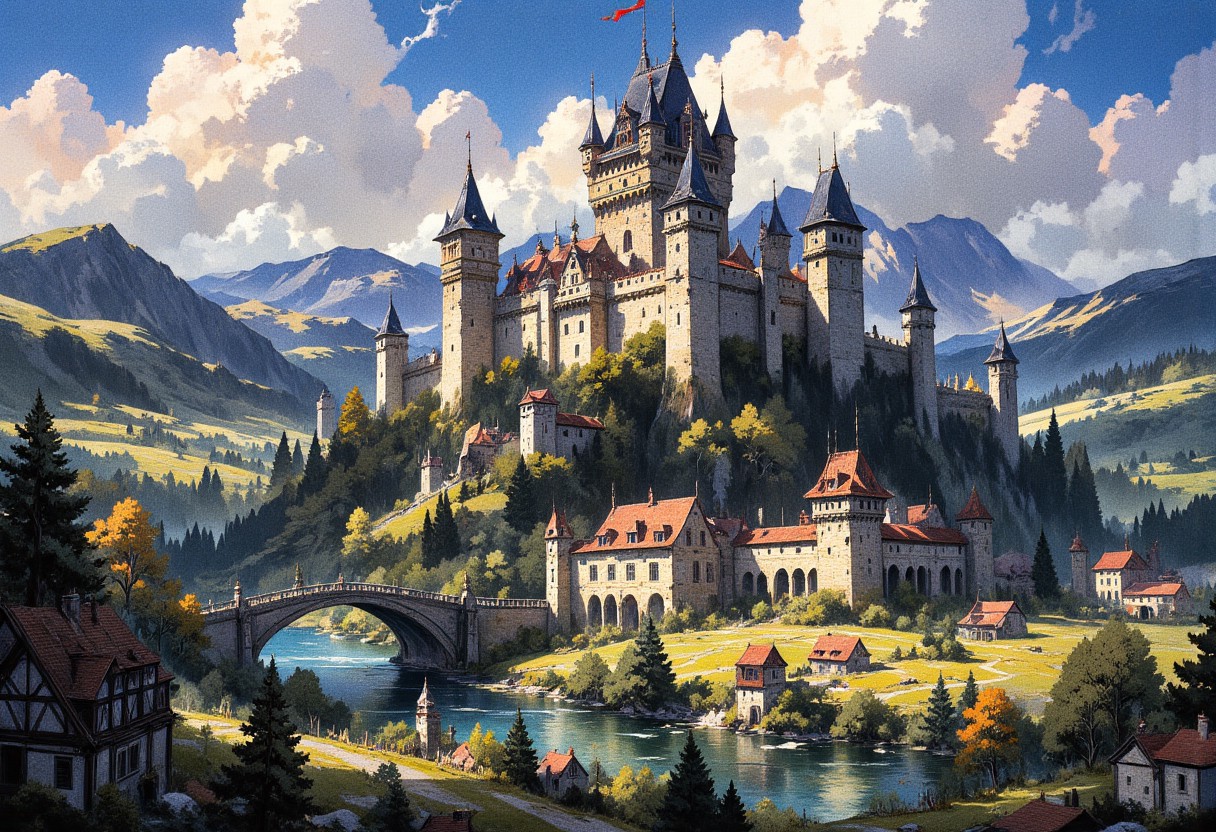 masterpiece, amazing quality, best quality, ultra-detailed, 8K, illustration, newest, absurdres, volumetric light, good quality, best quality, scenery, (dappled sunlight:1.2), rim light, backlit, dramatic shadow, ultra 8k cg, picture-perfect face, flawless, clean, professional artwork, cinematic lighting, cinematic bloom, hut background, early medieval background, humans on background, mw01out, painted world, Painterly, painting, no humans,
Fantasy medieval kingdom inspired by Centre-Val de Loire, depicting iconic Renaissance and medieval châteaux amid dense, enchanted forests and serene rivers. Quaint villages and towns bustling with scholars, knights, and artisans, flourish around castles inspired by Chambord and Chenonceau, with intricate towers and elegant bridges. Rich countryside landscapes feature expansive fields, riverside marketplaces, and banners adorned with regional emblems. Illustrated in expressive, painterly Guild Wars 2 concept-art style, emphasizing vivid colors, intricate details, dramatic sunlight, and epic composition. High-quality digital illustration.