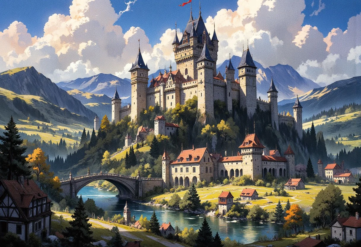 masterpiece, amazing quality, best quality, ultra-detailed, 8K, illustration, newest, absurdres, volumetric light, good quality, best quality, scenery, (dappled sunlight:1.2), rim light, backlit, dramatic shadow, ultra 8k cg, picture-perfect face, flawless, clean, professional artwork, cinematic lighting, cinematic bloom, hut background, early medieval background, humans on background, mw01out, painted world, Painterly, painting, no humans,
Fantasy medieval kingdom inspired by Centre-Val de Loire, depicting iconic Renaissance and medieval châteaux amid dense, enchanted forests and serene rivers. Quaint villages and towns bustling with scholars, knights, and artisans, flourish around castles inspired by Chambord and Chenonceau, with intricate towers and elegant bridges. Rich countryside landscapes feature expansive fields, riverside marketplaces, and banners adorned with regional emblems. Illustrated in expressive, painterly Guild Wars 2 concept-art style, emphasizing vivid colors, intricate details, dramatic sunlight, and epic composition. High-quality digital illustration.