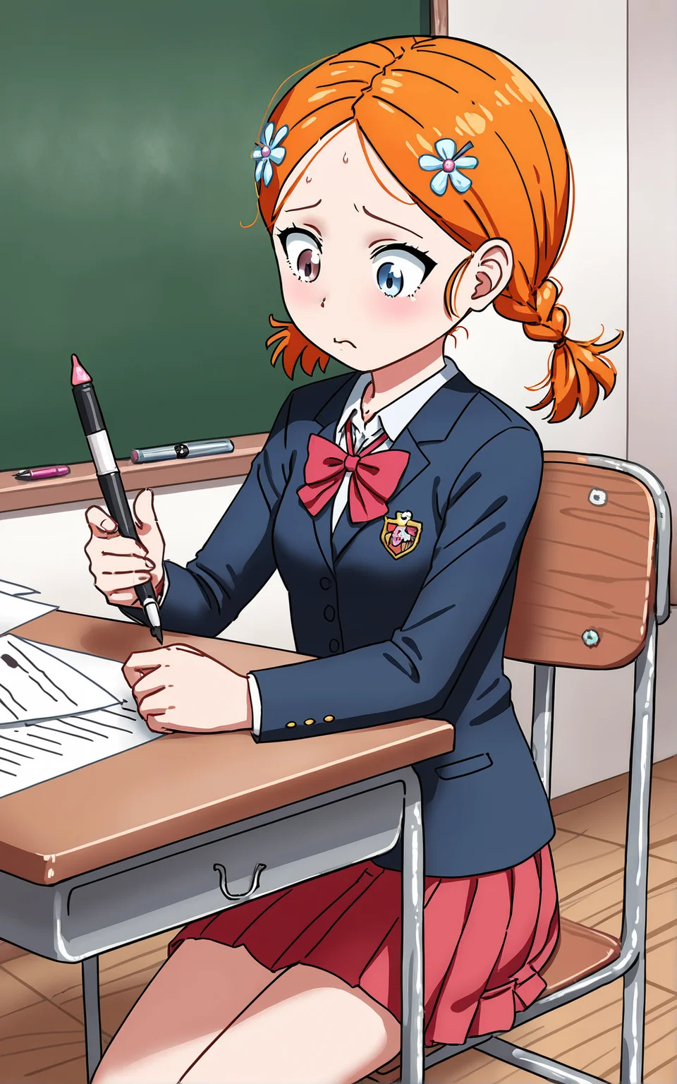 score_9_up, source_cartoon, suzieq, 1girl, orange hair, solo. hair ornament, looking down. flower, hair flower, short hair, blue eyes,heterochromia, hairclip, class room. school uniform. twintails, braid. paper, pen, sitting. chair. desk. shocked. worried. hands on own head. tanking a test.