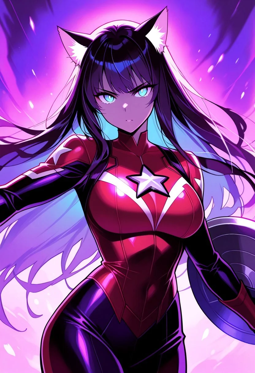 catgirl, captain america costume, white fur, blue eyes, heroic pose, holding shield, dimly lit alleyway, soft blue red lights, dramatic shadows, red white and blue outfit, star on chest, determined expression, gleaming shield, feline charm superhero, masterpiece, newest, absurdres, incredibly absurdres, abstract background, concept art, depth of field, volumetric lighting, dynamic angle, epic composition, epic proportion, best quality, amazing quality, very aesthetic, detailed background, detailed environment
