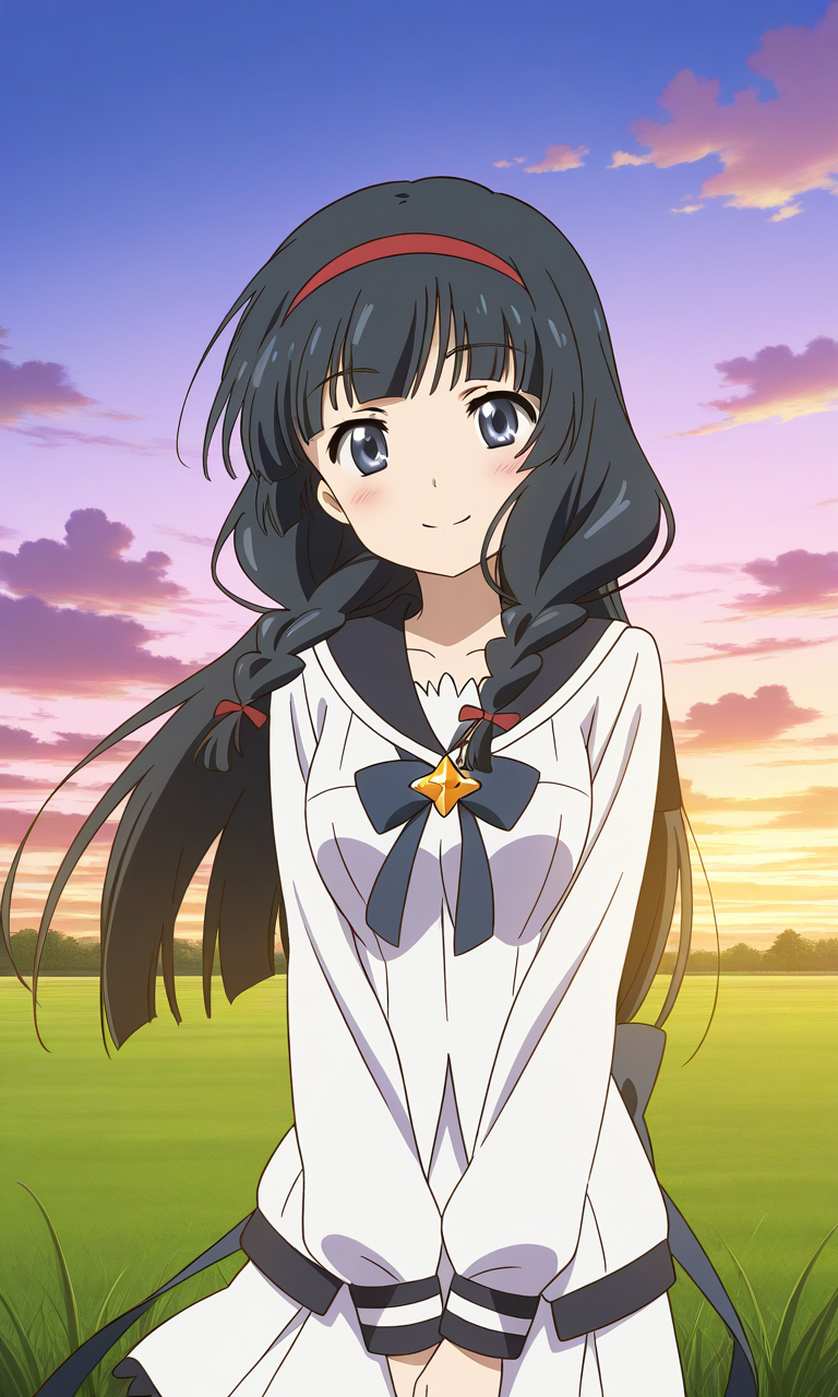 general,highres, ultra-detailed,very aesthetic,best quality ,best hands,  BREAK <lora:Itsuki_Houkago_no_Pleiades_IS:1> BREAK,
Itsuki(Pleiades), 1girl,solo, black hair, long hair, blue eyes, red hairband, twin braids, blunt bangs,breasts, anime coloring, BREAK,
 solo,  school uniform, blush, smile, cloud, sky, serafuku, upper body, long sleeves, cloudy sky, closed mouth, shirt, ribbon, v arms, blush,
grass, sky, smile,looking at viewer, cowboy_Shot,