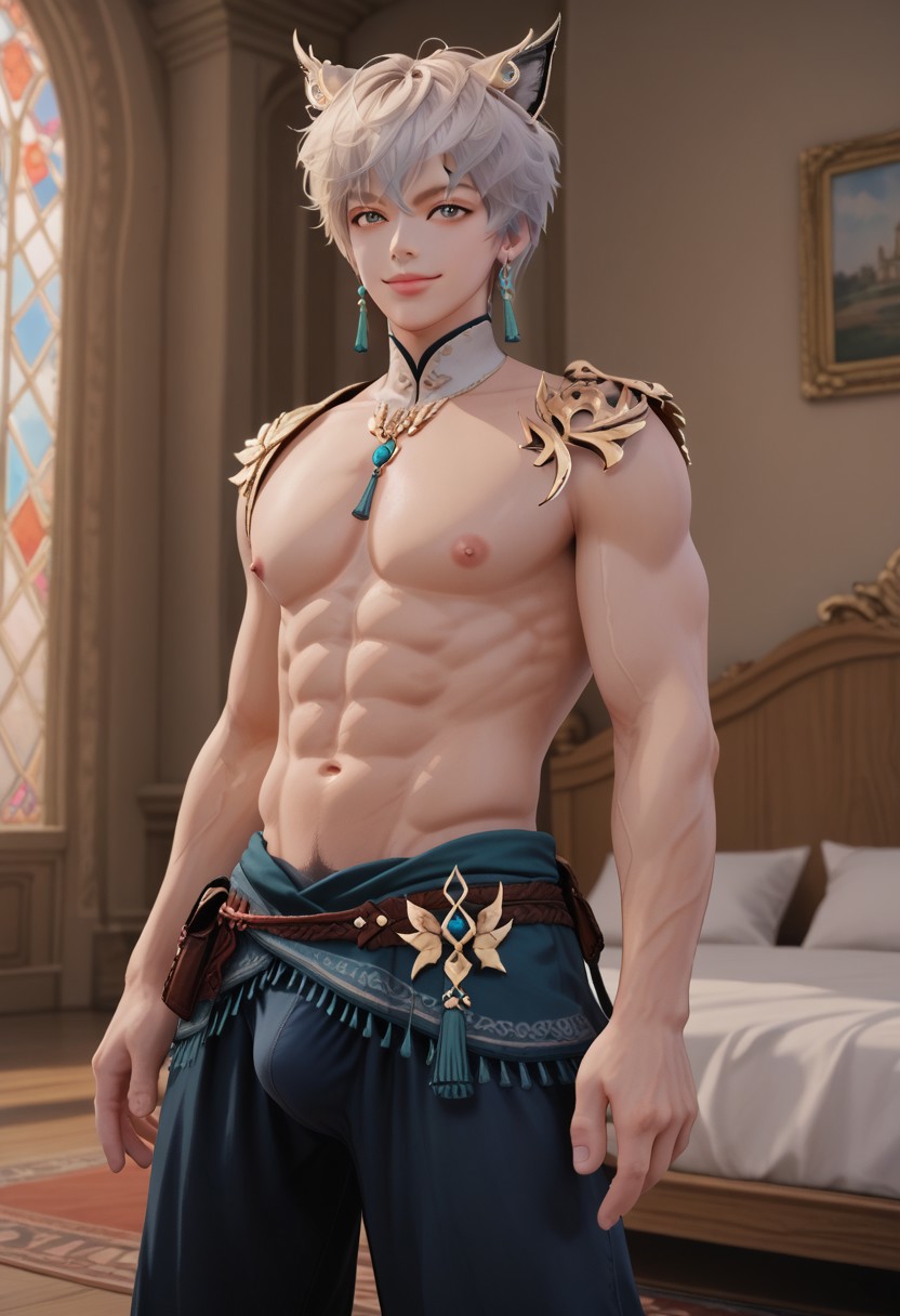 score_9, score_8_up, score_7_up, 1boy, solo, male focus, PahuLA, boy, wolfboy, short boy, white hair, wolf ears, gray eyes, earrings, white pale skin, handsome boy, dynamic angle, looking at viewer, male model standing on his elegant bedroom, nude, naked, bare shoulder, round pecs, nipples, abs, pillows, slim muscular, gay, homoerotic, confident, sexy, half smile, abs, pecs, nipples, v-line, muscular bubble butt, pubic hair, Penis Pouch, strapless underwear, bulge, relaxed and carefree vibe, indoors, bedroom, palace, elegant atmosphere, high quality, realistic, hd render,