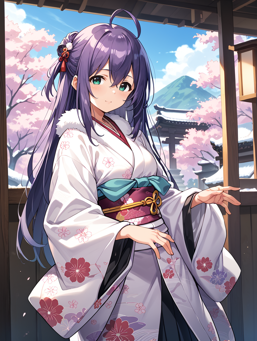 score_9,score_8_up,score_7_up,
official art,official style,game cg,megami magazine,
uncensored,
1girl,solo,
mochizuki anna,purple hair,green eyes,ahoge,long hair,
japanese clothes,obi,obijime,obiage,kimono,fur-trimmed kimono,fur trim,wide sleeves,
<lora:idolmaster_mochizuki_anna_pony_v1.1-000006:1>,