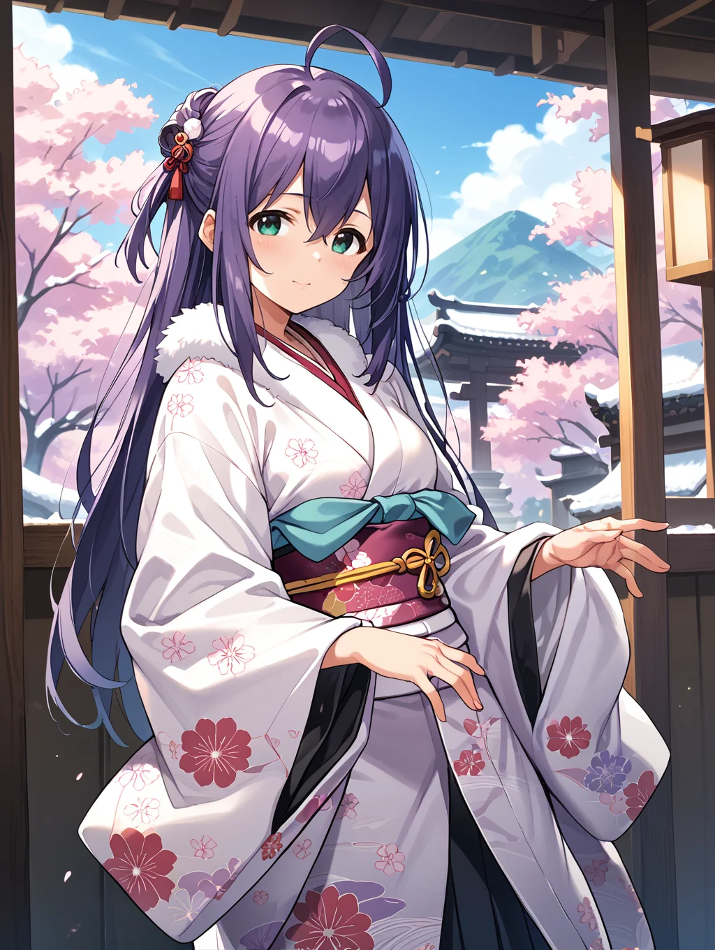 score_9,score_8_up,score_7_up,
official art,official style,game cg,megami magazine,
uncensored,
1girl,solo,
mochizuki anna,purple hair,green eyes,ahoge,long hair,
japanese clothes,obi,obijime,obiage,kimono,fur-trimmed kimono,fur trim,wide sleeves,
<lora:idolmaster_mochizuki_anna_pony_v1.1-000006:1>,
