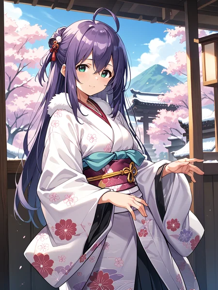 score_9,score_8_up,score_7_up,
official art,official style,game cg,megami magazine,
uncensored,
1girl,solo,
mochizuki anna,purple hair,green eyes,ahoge,long hair,
japanese clothes,obi,obijime,obiage,kimono,fur-trimmed kimono,fur trim,wide sleeves,
<lora:idolmaster_mochizuki_anna_pony_v1.1-000006:1>,