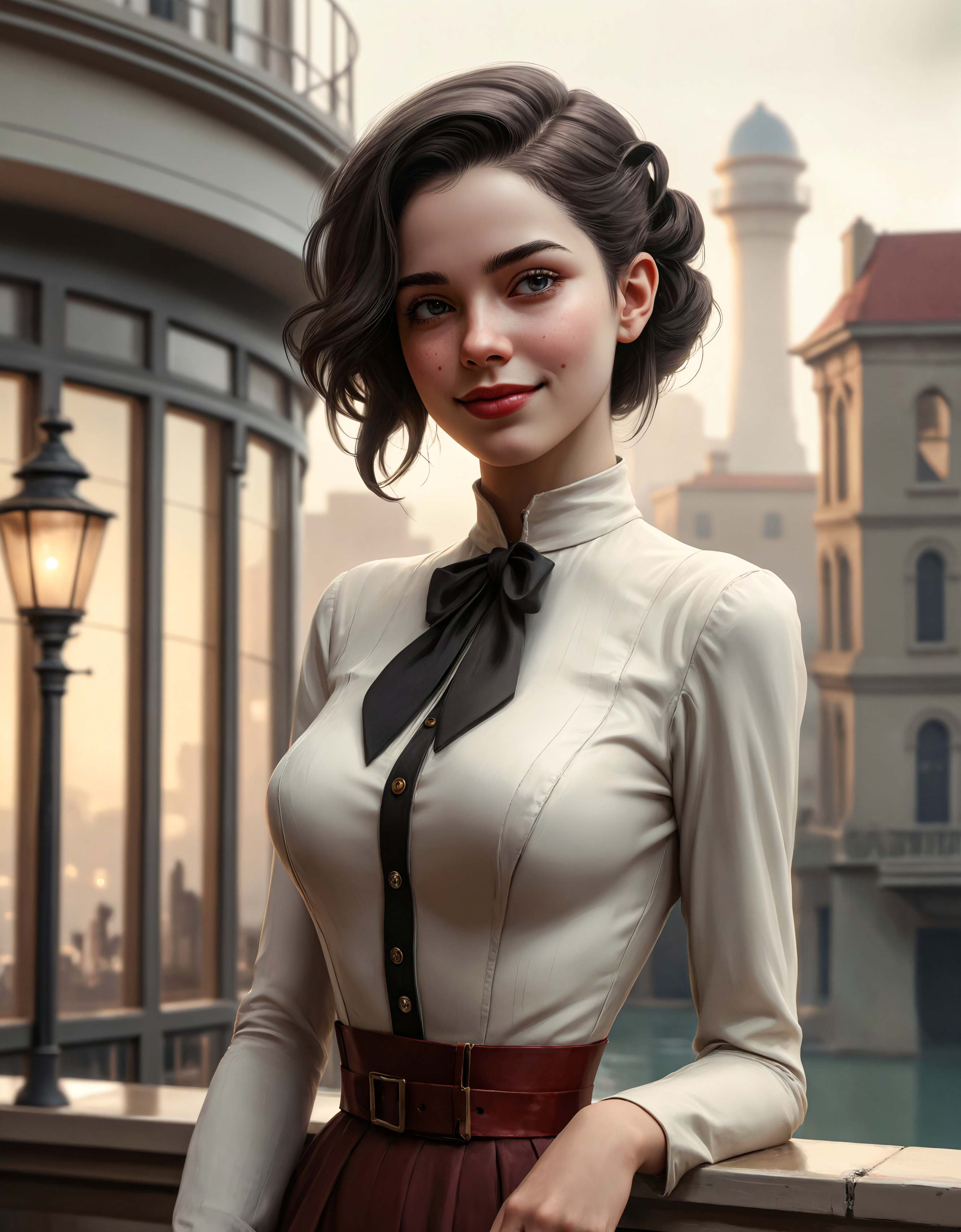 light academia aesthetic trending on polycount, facial expression, loving, smile, upturned lips,  style of tom bagshaw, red dead redemption art style, in the midst of a beige background, street scene with water tower, reflecting the ambient light. the robot is positioned in front of a large window, airy, scholarly, classic literature, soft pastels