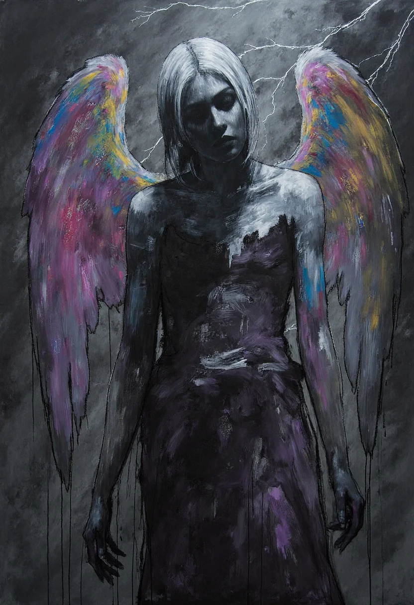 In a realm where shadows dance with luminous hues, behold the enigmatic figure of an otherworldly being: a fallen angel, enshrouded in enchanting monochromatic tones that unveil their demonic allure. Rendered in exquisite fluid strokes, this captivating figure stands poised amidst a tumultuous kaleidoscope of rainbow-hued energies. Lightning crackles with electric vibrancy around them, illuminating their contorted form and creating a breathtaking contrast against the otherwise muted palette. The casually posed stance of this demonic figure conveys an air of mystery and power, inviting the viewer to delve deeper into the hidden depths of their supernatural essence. ,<lora:flux/fav/Mark_Demsteader.safetensors:1.0:1.0>