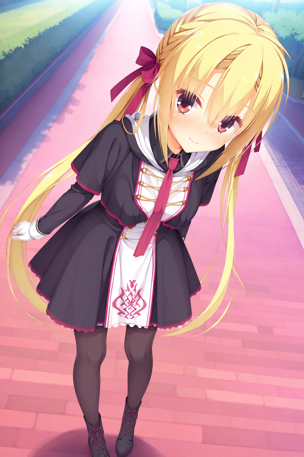 masterpiece,best quality,good quality,rating safe,, <lora:Arihara_Nanamiv1-ill_narcissu:1>, 1girl,solo,arihara nanami, riddle joker,blonde hair, long hair, twintails, hair between eyes, braid, hair bow, very long hair, red eyes, low twintails, straight hair, hair ribbon, red ribbon, black dress, uniform, short dress, red bow, white gloves, red necktie, black pantyhose, black footwear, cross-laced footwear,standing,smile,looking at viewer,blush,upper body,outdoor