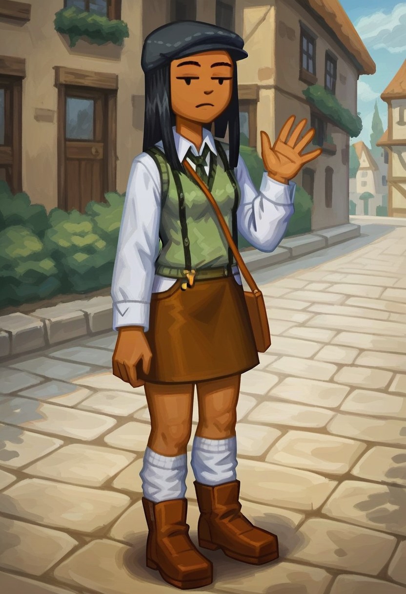score_9_up, score_8_up, score_7_up, score_6_up, 1girl, solo, J3nny_MySims, dark-skinned female, adult, long black hair, sweater vest, long-sleeved shirt, skirt, suspenders, white socks, brown footwear, hat, shoulder bag, jitome, expressionless, waving, standing, outdoors, quaint town, (realistic, painted art)