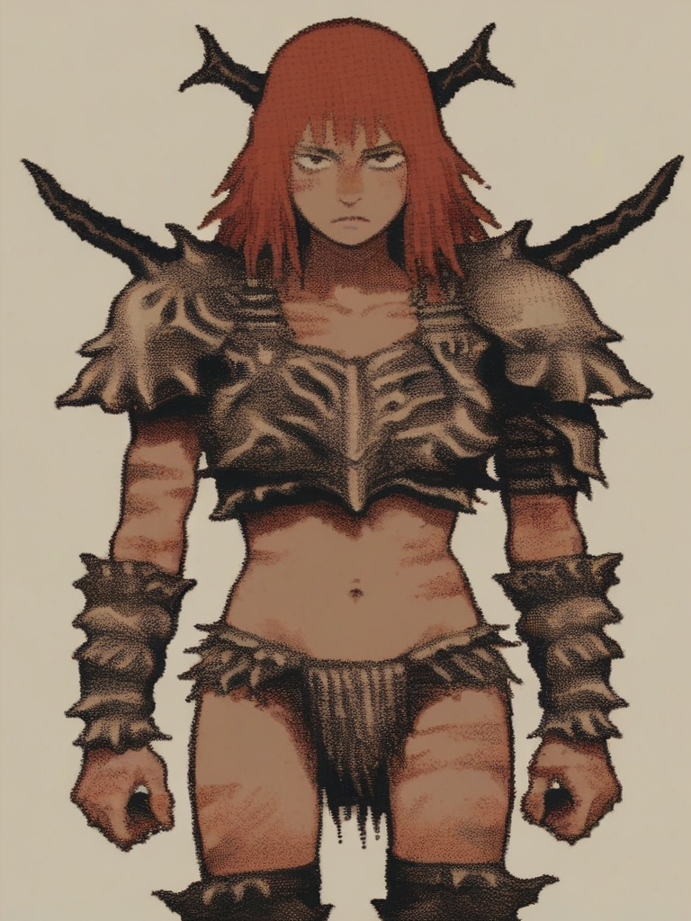vermis style, solo, 1girl,barbarian, fur armor, bikini armor, red bacground,   <lora:VermisStylePony:1>,  score_5_up, score_9, source_anime