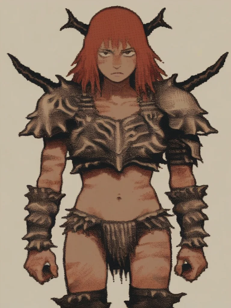 vermis style, solo, 1girl,barbarian, fur armor, bikini armor, red bacground,   <lora:VermisStylePony:1>,  score_5_up, score_9, source_anime