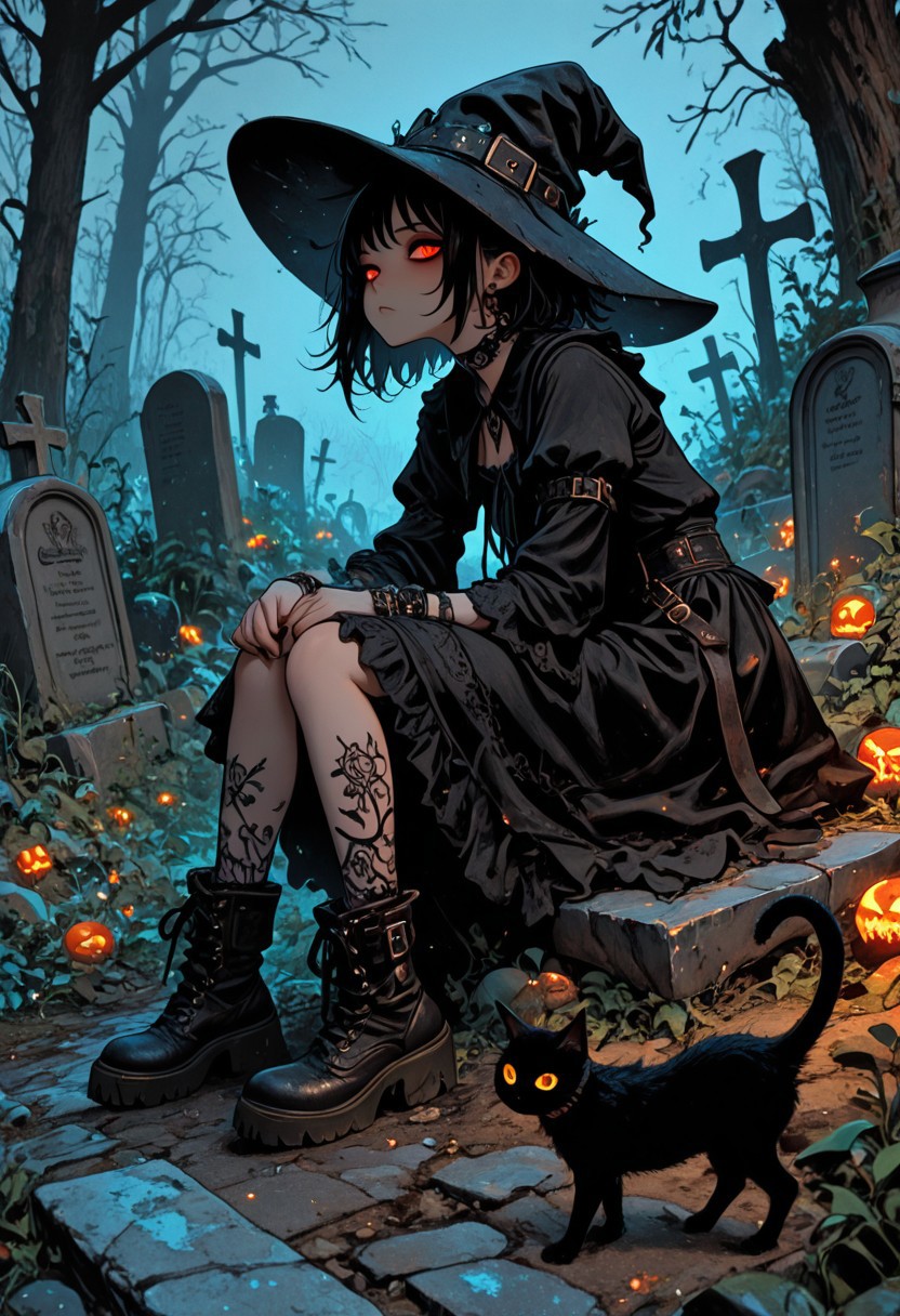 highres, very detailed, amazing quality, masterpiece,
very aesthetic, RBL-Illu,
particle effect, Cinematic, 
1girl, solo, witch, goth, bored face, goth dress, boots, 
looking at viewer, beautiful eyes, bored,
pet cat, black cat, relaxed pose,
graveyard,
full body shot,