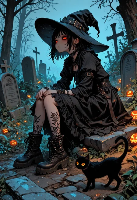 highres, very detailed, amazing quality, masterpiece,
very aesthetic, RBL-Illu,
particle effect, Cinematic, 
1girl, solo, witch, goth, bored face, goth dress, boots, 
looking at viewer, beautiful eyes, bored,
pet cat, black cat, relaxed pose,
graveyard,
full body shot,
