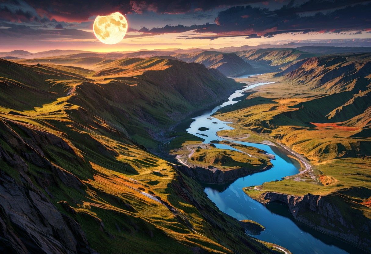 Mountains,forests,full moon, clouds, beautiful sky, river, epic landscape, desolate atmosphere, from above, photorealistic, masterpiece, 64k, UHD, ultra detailed, vivid colors, high quality, sharp focus