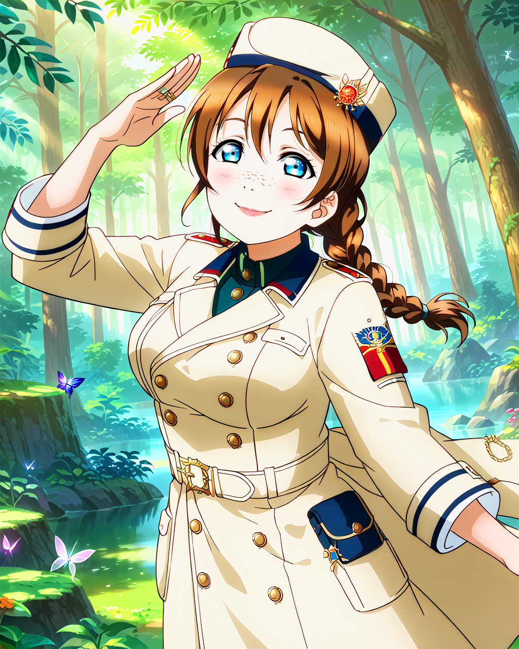 score_9, score_8_up, score_7_up, score_6_up, source_anime, looking at viewer, ((1girl, emma verde, blue eyes, braid, brown hair, freckles, large breasts, long hair)), (vulcan salute), (celestial blue Trench Coat), (Fairy Ring in an Enchanted Forest Clearing),<lora:LLChar_Pony_Niji:0.8> love live! <lora:LLChar_Pony:0.8>, smile, happy,