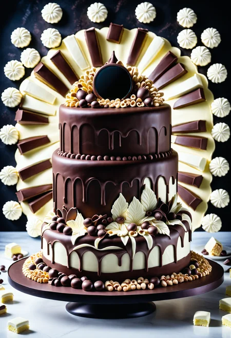 A masterpiece of a giant cake, (Black mirror:1.1) , lovely, 80mm, symmetry, grand, Jed-ChocoC, chocolate, cereals, <lora:last:0.7>, Jed-whtccae, <lora:WhiteChocoStyle-000005:0.6>, Jed-mrshmlw, <lora:MarshmallowStyle-000007:0.5>, Icing, stunningly beautiful background, masterpiece, positive emotions, contemporary fine detail, glowing, deep aesthetic, enhanced quality, modified