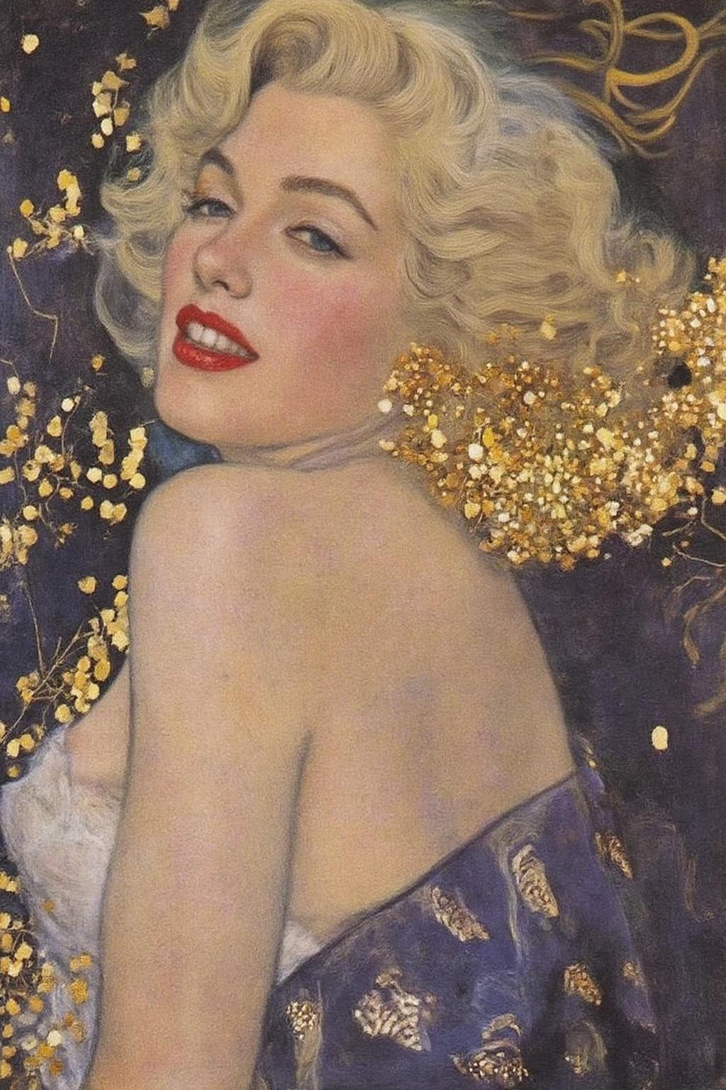 kl1mt painting.
a portrait of a Marilyn Monroe She is depicted in a side view, with her head turned slightly to the side. <lora:kl1mt_cap_d6a3e12:1.0><lora:823259056702600115:0>