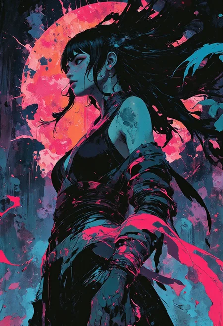 (dutch angle:1.2),(view from below:1.4),A  woman with shrouded hair and a cascade of billowing, feathered cloak, stands in a dynamic, organic environment, as if transported from a dream. Her face is tilted upwards, Her hair flows behind her like a river of night, interwoven with neon and black hues, evoking the enigmatic essence of a Satoshi Kon anime. The atmosphere is heavy with mystery, as if the very fabric of reality has been woven into her being. The lighting is atmospheric, with deep shadows and an otherworldly glow, as if the scene has been plucked from the realm of the surreal. Every detail, from the intricate patterns on her cloak to the delicate texture of her skin, is rendered in exquisite, analog detail, as if the image has been captured by a master photographer. The overall effect is one of haunting beauty, as if the woman is a creature from a realm beyond our own, beckoning us to enter her mystical world.