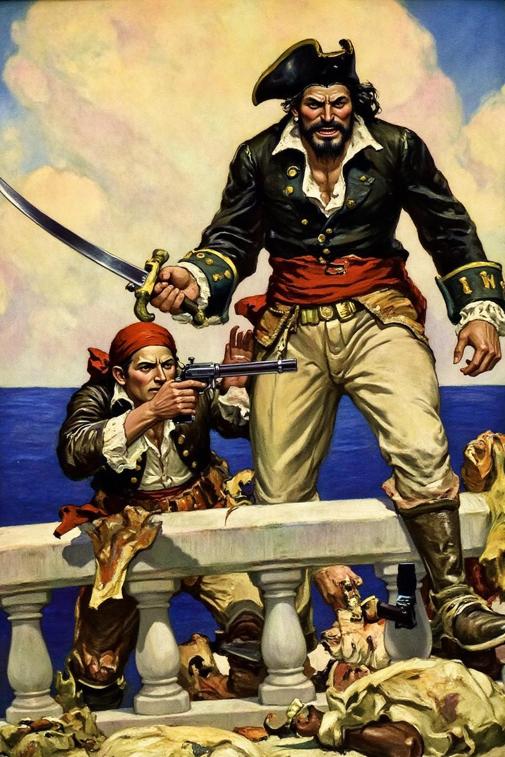 schoonover1 illustration.
A dramatic moment on a pirate ship. The central figure is a tall, muscular pirate captain with a dark beard and a menacing expression. He wears a black tricorn hat, a dark coat, and a red sash around his waist. He holds a saber in his hand. Beside him is a pirate wearing a bandana, aiming with a pistol.  <lora:schoonover1_cap_d6a3e11:1.0><lora:831473353454896575:0>