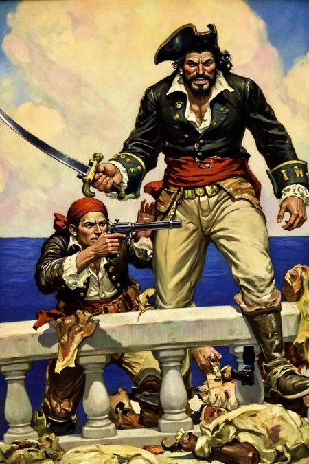 schoonover1 illustration.
A dramatic moment on a pirate ship. The central figure is a tall, muscular pirate captain with a dark beard and a menacing expression. He wears a black tricorn hat, a dark coat, and a red sash around his waist. He holds a saber in his hand. Beside him is a pirate wearing a bandana, aiming with a pistol. <lora:schoonover1_cap_d6a3e11:1.0><lora:831473353454896575:0>
