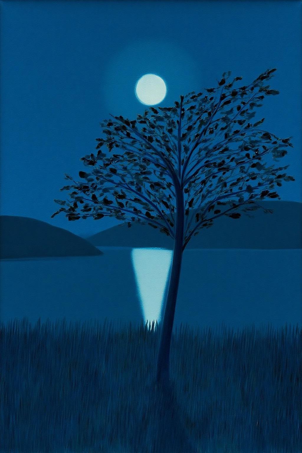 mawo1 painting
A painting depicting a serene, moonlit landscape at night. The scene features a stylized, minimalist composition dominated by cool blue and dark blue tones, evoking a sense of calm and tranquility. The central focus is a solitary tree with sparse, leafless branches silhouetted against the night sky, its trunk and branches rendered in a deep, dark blue. There is a full moon on the sky, and we see its reflection in the lake behind the tree. <lora:mawo1_cap_d6a3e12:1.0><lora:821395418853251214:0>